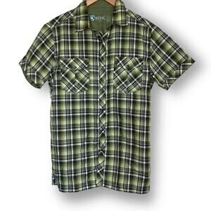 KUHL Eluxur Short Sleeve Pearl Snap Western Plaid Green Shirt Sz S